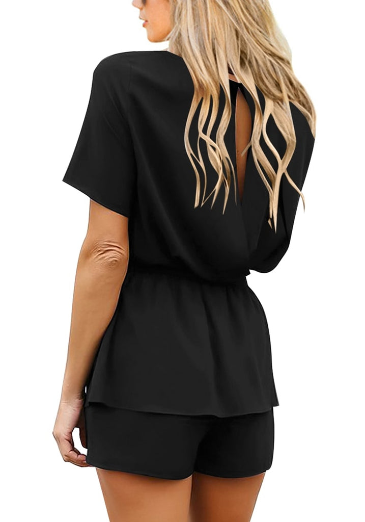 Women's Casual Short Sleeve Belted Overlay Keyhole Back Jumpsuits Romper :  : Clothing, Shoes & Accessories