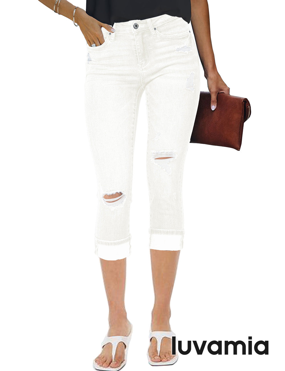 Luvamia High Waisted Distressed Capri Jeans for Women | Stretch Skinny  Cropped Pants