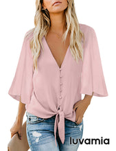 luvamia Women's Casual V Neck Tops 3/4 Sleeve Tie Knot Blouses Solid Button Down Shirts