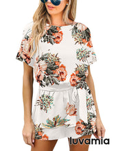 luvamia Women's Casual Short Sleeve Belted Overlay Keyhole Back Jumpsuits Romper