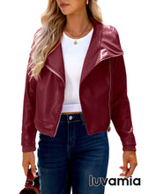 luvamia Faux Leather Jackets for Women Zip Up Lapel Collar Motorcyle Biker Short Jacket PU Leather Blazer Long Sleeves