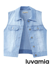 luvamia Denim Vest for Women Sleeveless Cropped Jean Jacket Vests Top Western Outfit Fashion Casual Vests with Pockets