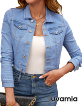 luvamia 2023 Cropped Jean Jackets for Women Fashion Short Denim Shacket Jacket Lightweight Fitted Stretchy with Pockets