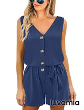 luvamia Women's Casual Short Sleeve Belted Overlay Keyhole Back Jumpsuits Romper