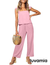 luvamia Two Piece Outfits for Women Flowy Square Neck Top High Waisted Wide Leg Pants with Pockets Vacation 2 Piece Sets