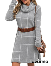 luvamia Women Casual Turtleneck Knitted Sweater Cozy Grid Pullover Sweater Dress