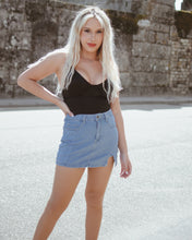 luvamia Skorts Skirts for Women Denim Mini Skirt Side Slit with High Waisted Jean Shorts Stretchy