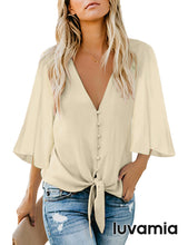 luvamia Women's Casual V Neck Tops 3/4 Sleeve Tie Knot Blouses Solid Button Down Shirts