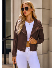 luvamia Faux Leather Jackets for Women Zip Up Lapel Collar Motorcyle Biker Short Jacket PU Leather Blazer Long Sleeves