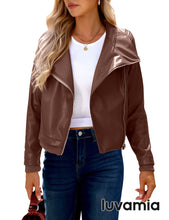 luvamia Faux Leather Jackets for Women Zip Up Lapel Collar Motorcyle Biker Short Jacket PU Leather Blazer Long Sleeves