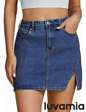 LUVAMIA Women's Classic High Waisted Denim Elastic Slit Tight Mini Skirt