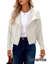 luvamia Faux Leather Jackets for Women Zip Up Lapel Collar Motorcyle Biker Short Jacket PU Leather Blazer Long Sleeves