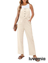 luvamia 2023 Jumpsuits for Women Dressy Casual Overalls Loose Fit Straight Leg Button Down Self Tied With Pockets