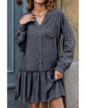 luvamia Denim Dress for Women Long Sleeve Shift Button Down Ruffle Jean Dresses Chambray Western Short Dresses Pockets
