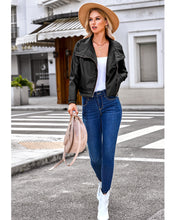 luvamia Faux Leather Jackets for Women Zip Up Lapel Collar Motorcyle Biker Short Jacket PU Leather Blazer Long Sleeves