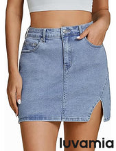 LUVAMIA Women's Classic High Waisted Denim Elastic Slit Tight Mini Skirt