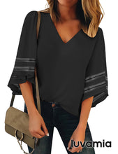 Women's Casual V Neck Blouse 3/4 Bell Sleeve Loose Tee Shirts Solid Top