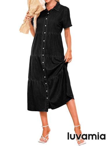 luvamia Denim Dress for Women Button Down Long Jean Shirt Vacation Dresses Babydoll Tiered Casual Summer