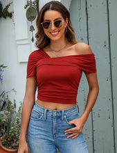 Women's Casual Crop Top Short Sleeve Stretch Summer One Shoulder Off Shoulder T-Shirts