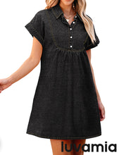 luvamia Denim Dress for Women Summer Short Sleeve Button Down Collared Pleated Western Jean Dresses with Pockets Relaxed