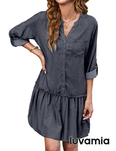 luvamia Denim Dress for Women Long Sleeve Shift Button Down Ruffle Jean Dresses Chambray Western Short Dresses Pockets