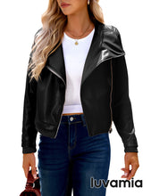 luvamia Faux Leather Jackets for Women Zip Up Lapel Collar Motorcyle Biker Short Jacket PU Leather Blazer Long Sleeves