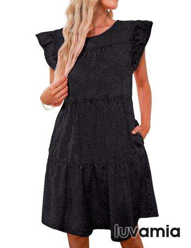 luvamia 2023 Denim Dress for Women Summer Babydoll Sleeveless Ruffle Sleeve Mini Dresses Loose Flowy Swing Pleated Dress