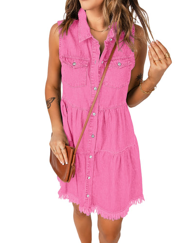 luvamia Women's Casual Summer Lapel Sleeveless Button Down Short Denim Jean Dress Jeans Dress for Women Pink Summer Dresses for Women