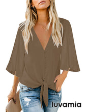 luvamia Women's Casual V Neck Tops 3/4 Sleeve Tie Knot Blouses Solid Button Down Shirts
