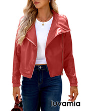 luvamia Faux Leather Jackets for Women Zip Up Lapel Collar Motorcyle Biker Short Jacket PU Leather Blazer Long Sleeves