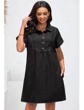 luvamia Denim Dress for Women Summer Short Sleeve Button Down Collared Pleated Western Jean Dresses with Pockets Relaxed