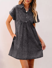 luvamia Denim Dress for Women Summer Short Sleeve Button Down Collared Pleated Western Jean Dresses with Pockets Relaxed