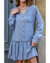 luvamia Denim Dress for Women Long Sleeve Shift Button Down Ruffle Jean Dresses Chambray Western Short Dresses Pockets