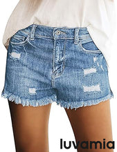 luvamia Women's Casual Ripped Denim Shorts Mid Rise Stretch Folded Hem Short Jeans