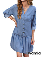 luvamia Denim Dress for Women Long Sleeve Shift Button Down Ruffle Jean Dresses Chambray Western Short Dresses Pockets