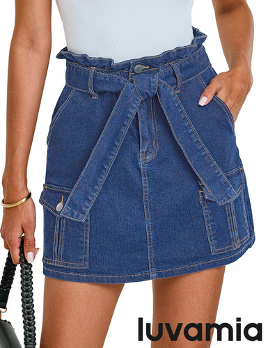 luvamia Denim Skorts Skirts for Women High Waisted Jean Shorts with Pockets Casual Cute Summer Belt Paperbag Waist Skort