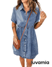 luvamia Women's Casual Short Sleeve Button Down Tiered Denim Babydoll Jean Dress