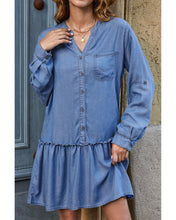 luvamia Denim Dress for Women Long Sleeve Shift Button Down Ruffle Jean Dresses Chambray Western Short Dresses Pockets