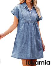 luvamia Denim Dress for Women Summer Short Sleeve Button Down Collared Pleated Western Jean Dresses with Pockets Relaxed