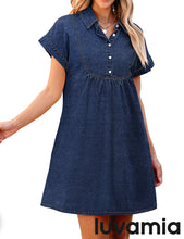 luvamia Denim Dress for Women Summer Short Sleeve Button Down Collared Pleated Western Jean Dresses with Pockets Relaxed