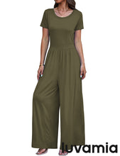 luvamia Jumpsuits for Women Causal Wide Leg Overall Jumpsuit Baggy Loose Short Sleeves Onesie Jumpers Comfy Stretchy