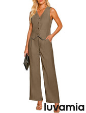 LUVAMIA Women 2 piece Vest Set Wide Leg Business Casual V Neck Sleeveless Suit Work Pant