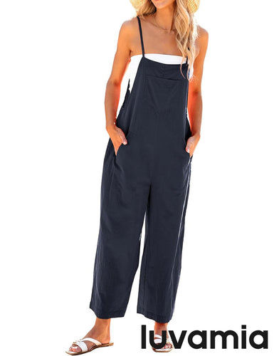 Women's Wide Leg Cotton Jumpsuit Overall with Adjustable Strap