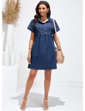 luvamia Denim Dress for Women Summer Short Sleeve Button Down Collared Pleated Western Jean Dresses with Pockets Relaxed