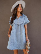 luvamia Denim Dress for Women Summer Short Sleeve Button Down Collared Pleated Western Jean Dresses with Pockets Relaxed