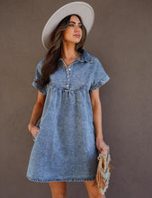 luvamia Denim Dress for Women Summer Short Sleeve Button Down Collared Pleated Western Jean Dresses with Pockets Relaxed