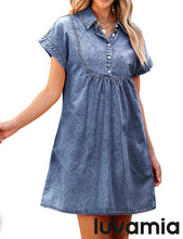 luvamia Denim Dress for Women Summer Short Sleeve Button Down Collared Pleated Western Jean Dresses with Pockets Relaxed