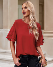 luvamia Women's Casual 3/4 Tiered Bell Sleeve Crewneck Loose Tops Blouses Shirt