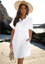 luvamia Womens Beach Cover Up Dress Cotton Button Down Shirt Dresses Casual Ruffle Sleeves Summer Dresses with Pockets