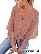 luvamia Womens Blouses and Tops Dressy Button Down Swiss Dot 3/4 Bell Sleeve Shirts Cute